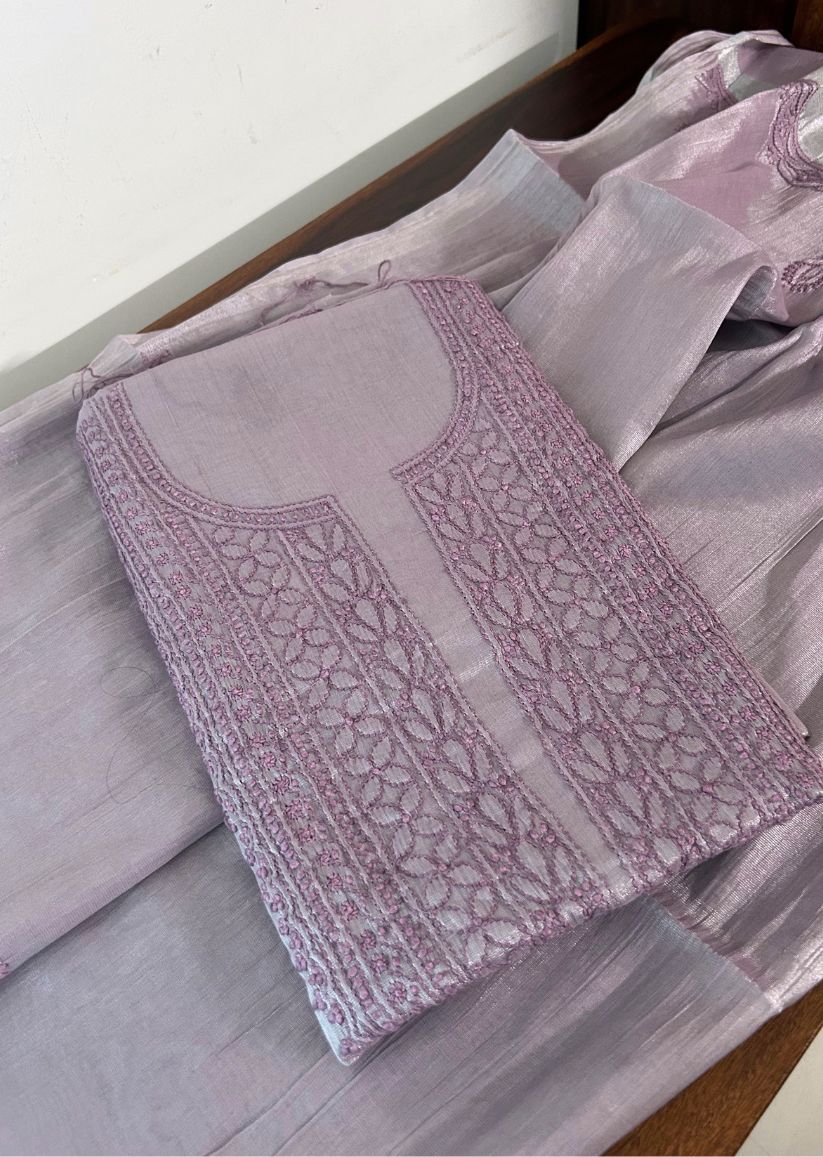 Firgun Dusty Lavender Lucknowi Chikankari Chanderi Silver Tissue Kurta Dupatta Set