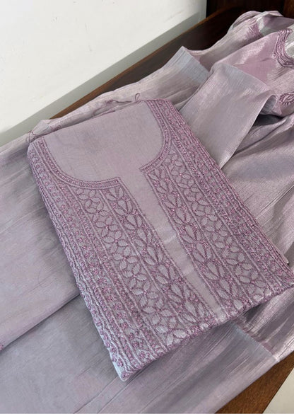 Firgun Dusty Lavender Lucknowi Chikankari Chanderi Silver Tissue Kurta Dupatta Set