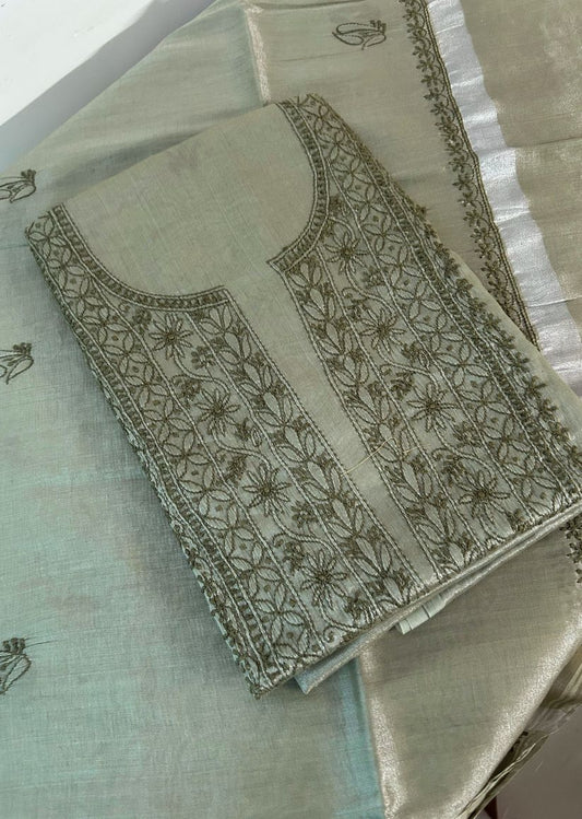 Firgun Sage Green Lucknowi Chikankari Chanderi Silver Tissue Kurta Dupatta Set