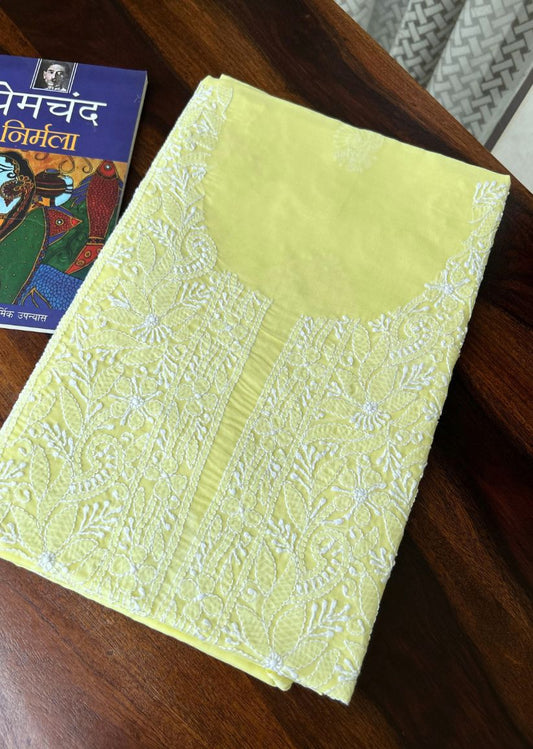 Firgun Lemon Yellow Lucknowi Chikankari Cotton Unstitched Kurta