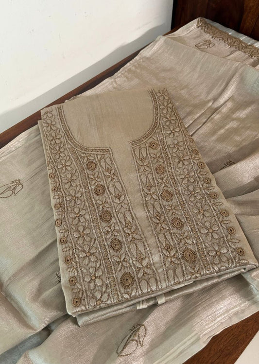 Firgun Champagne Beige Lucknowi Chikankari Chanderi Silver Tissue Kurta Dupatta Set
