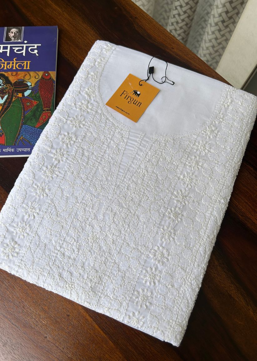 Firgun White Lucknowi Chikankari Cotton Unstitched Kurta
