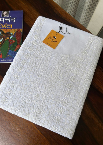 Firgun White Lucknowi Chikankari Cotton Unstitched Kurta