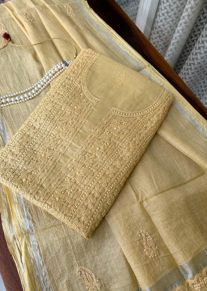 Firgun Yellow Lucknowi Chikankari Chanderi Silver Tissue Kurta Dupatta Set