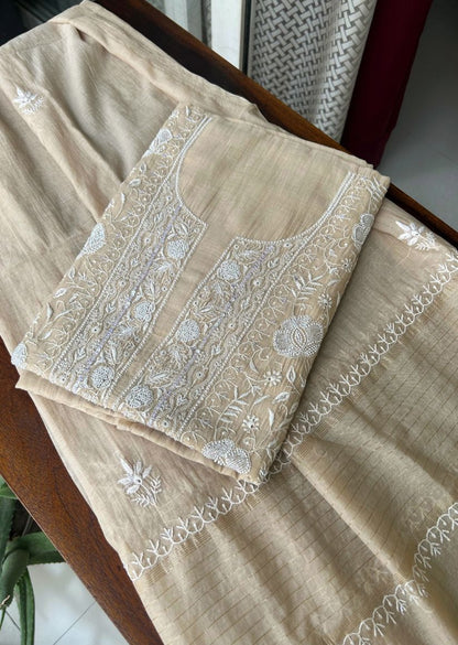 Firgun Beige Lucknowi Chikankari Mul Chanderi Unstitched Kurta & Dupatta Set with Pearl & Cutdana Work