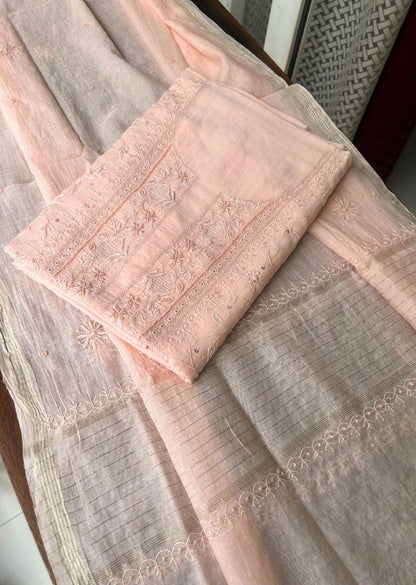 Firgun Peach Lucknowi Chikankari Mul Chanderi Unstitched Kurta & Dupatta Set with Pearl & Cutdana Work