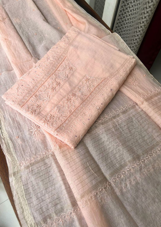 Firgun Peach Lucknowi Chikankari Mul Chanderi Unstitched Kurta & Dupatta Set with Pearl & Cutdana Work