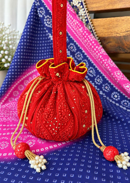 Firgun Red Lucknowi Chikankari Viscose Georgette Potli Bag with Mukaish Work