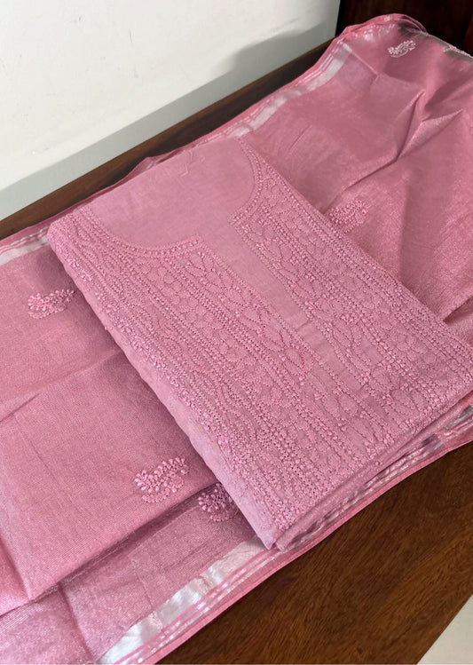 Firgun Pink Lucknowi Chikankari Chanderi Silver Tissue Kurta Dupatta Set