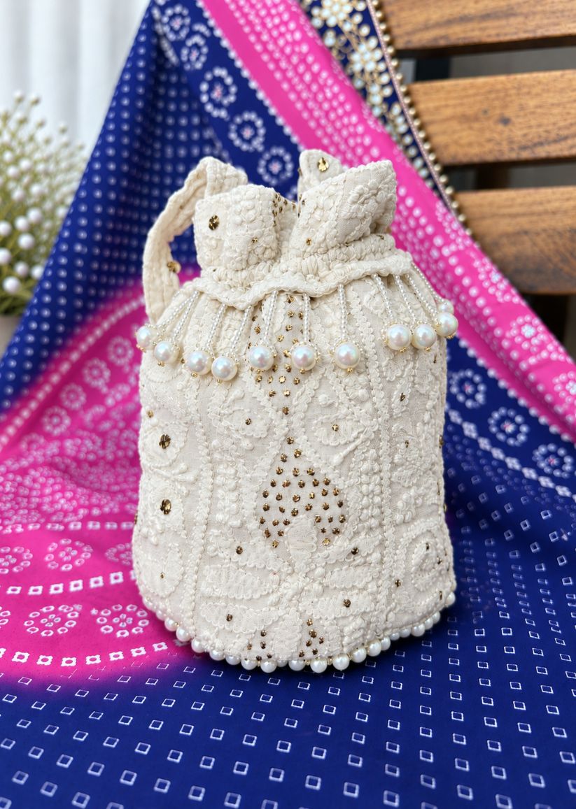 Firgun White Lucknowi Chikankari Viscose Georgette Small Potli Bag with Mukaish Work