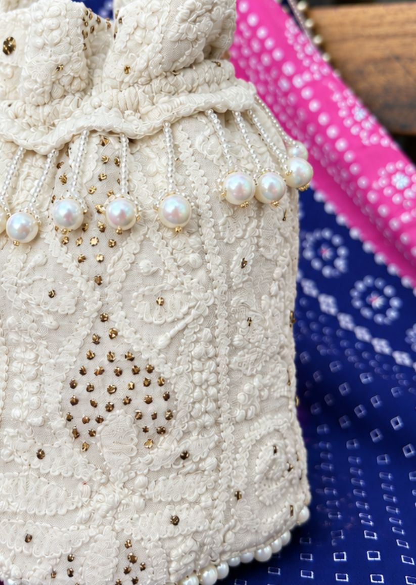 Firgun White Lucknowi Chikankari Viscose Georgette Small Potli Bag with Mukaish Work