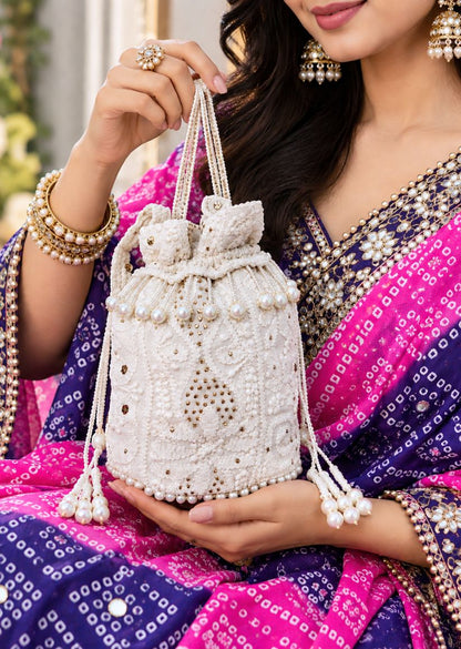 Firgun White Lucknowi Chikankari Viscose Georgette Small Potli Bag with Mukaish Work