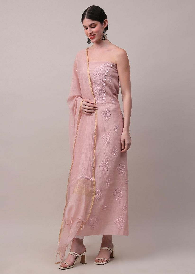 Firgun Rose Gold Lucknowi Chikankari Mul Cotton Unstitched Kurta & Dupatta Set