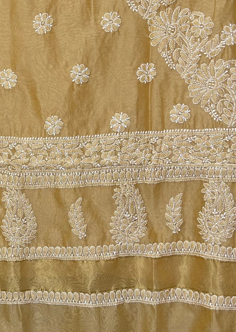 Firgun Beige Lucknowi Chikankari Chanderi Saree with Unstitched Blouse Piece