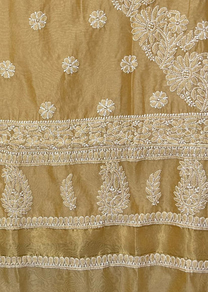 Firgun Beige Lucknowi Chikankari Chanderi Saree with Unstitched Blouse Piece