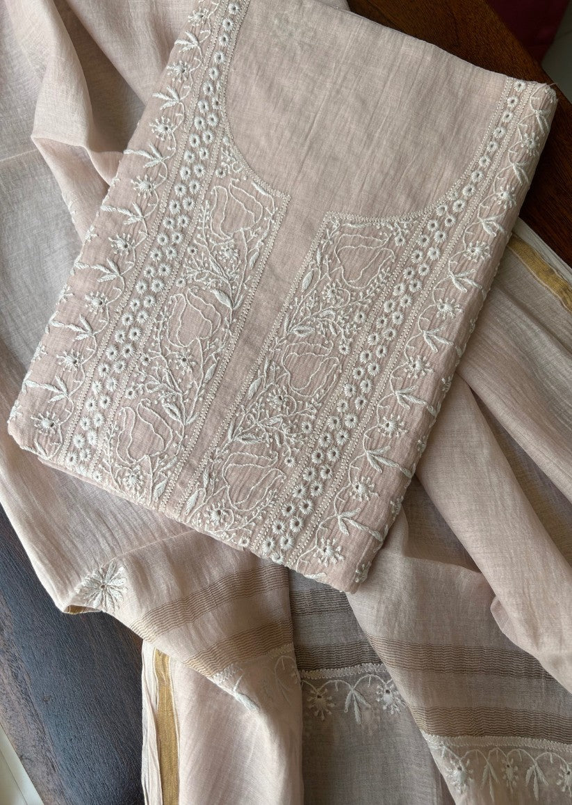 Firgun Dusty Beige Jaal Lucknowi Chikankari Mul Chanderi Unstitched Kurta & Dupatta Set