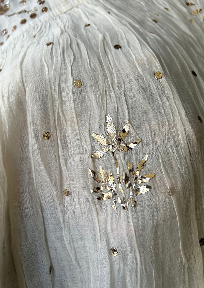 Firgun White Lucknowi Chikankari Mul Chanderi Semi-stitched Anarkali & Dupatta Set