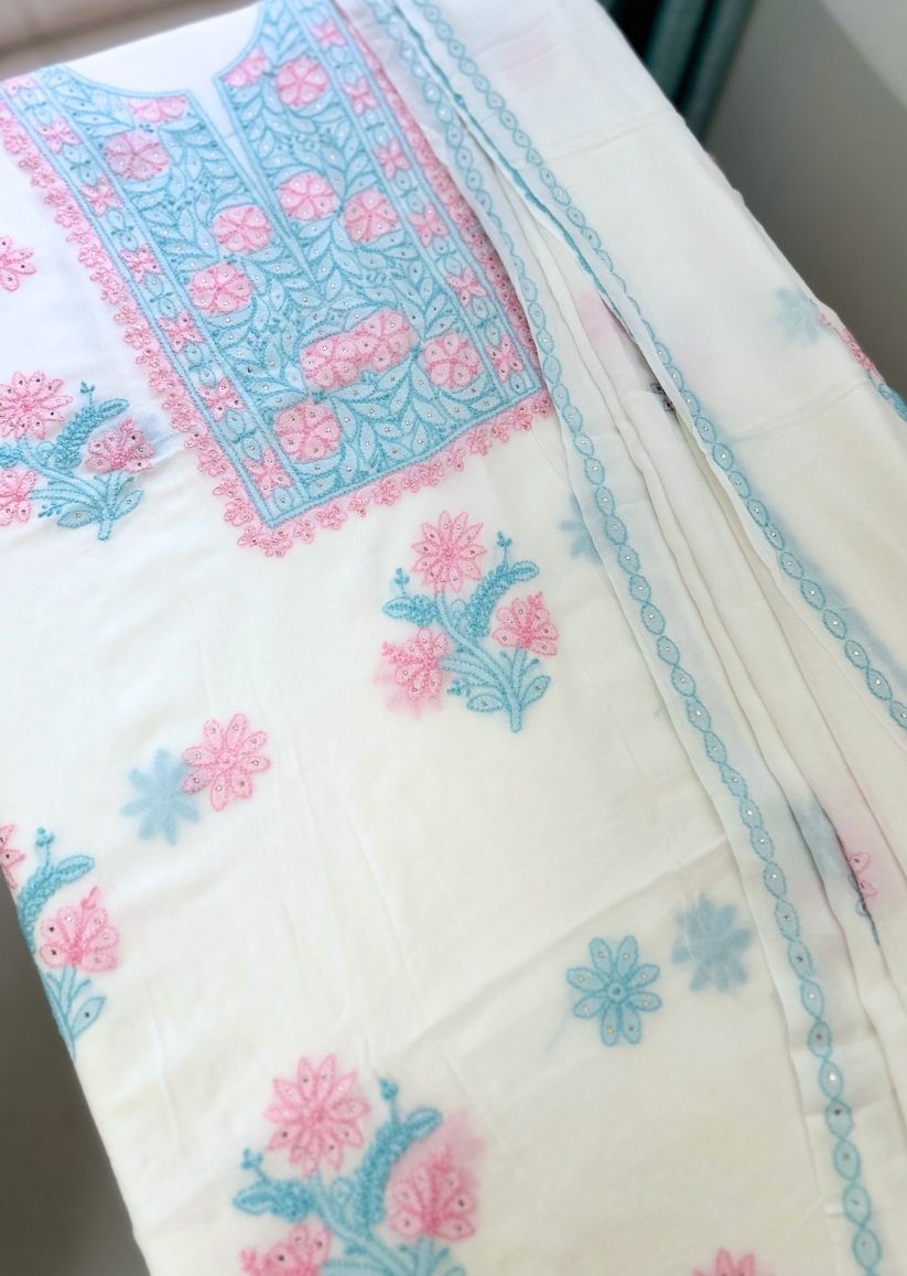 Firgun White Multi Colour Lucknowi Chikankari & Mukaish Work Viscose Georgette Unstitched Kurta & Dupatta Set