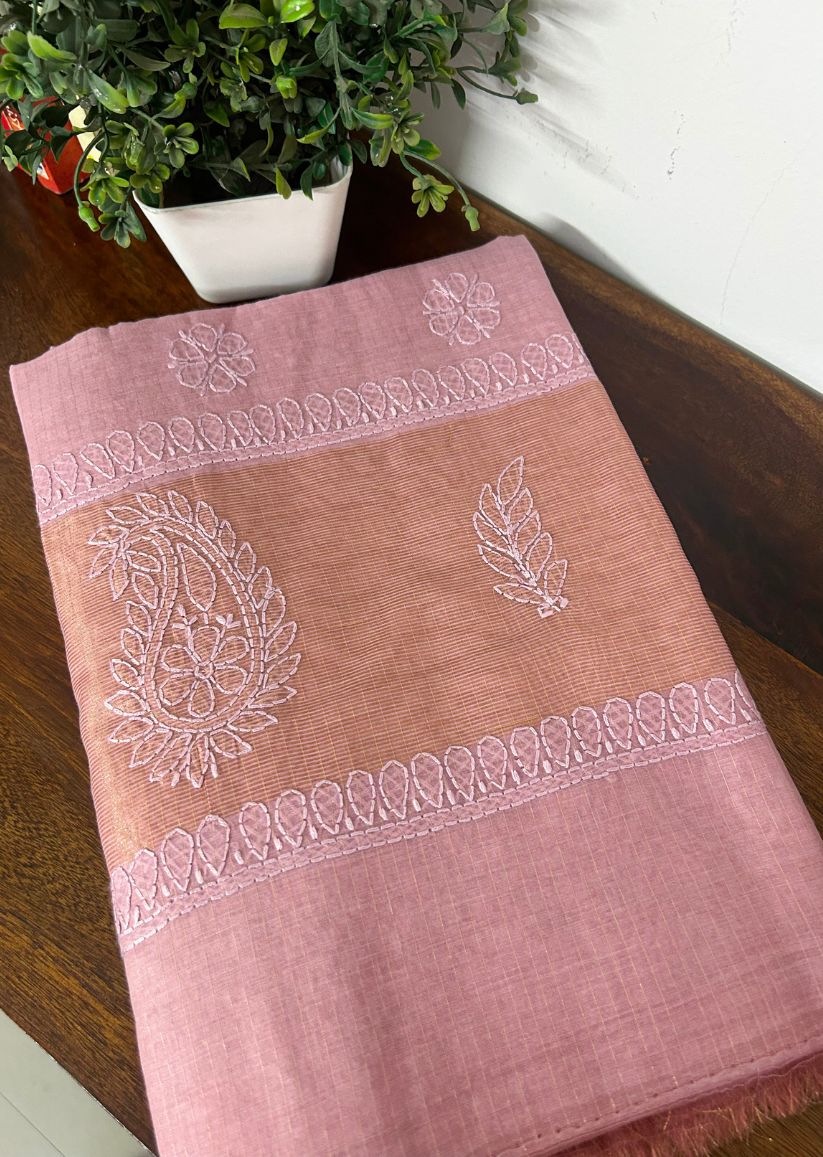 Firgun Onion Pink Lucknowi Chikankari Mul Cotton Saree with Unstitched Blouse Piece