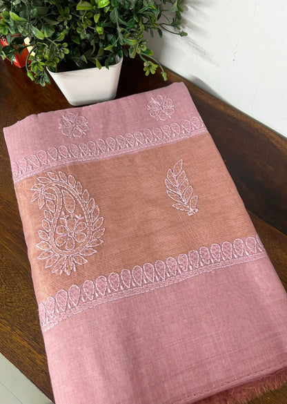 Firgun Onion Pink Lucknowi Chikankari Mul Cotton Saree with Unstitched Blouse Piece