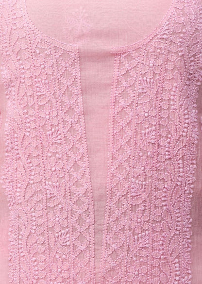 Firgun Rose Pink Lucknowi Chikankari Mul Cotton Unstitched Kurta & Dupatta Set