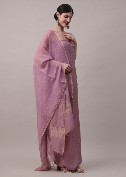 Firgun Wine Lucknowi Chikankari Mul Chanderi Unstitched Kurta & Dupatta Set