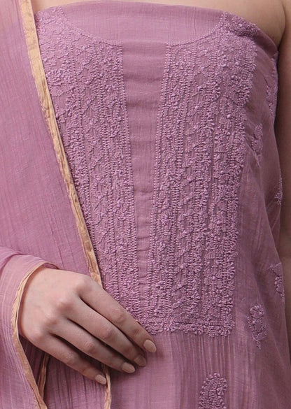 Firgun Wine Lucknowi Chikankari Mul Chanderi Unstitched Kurta & Dupatta Set