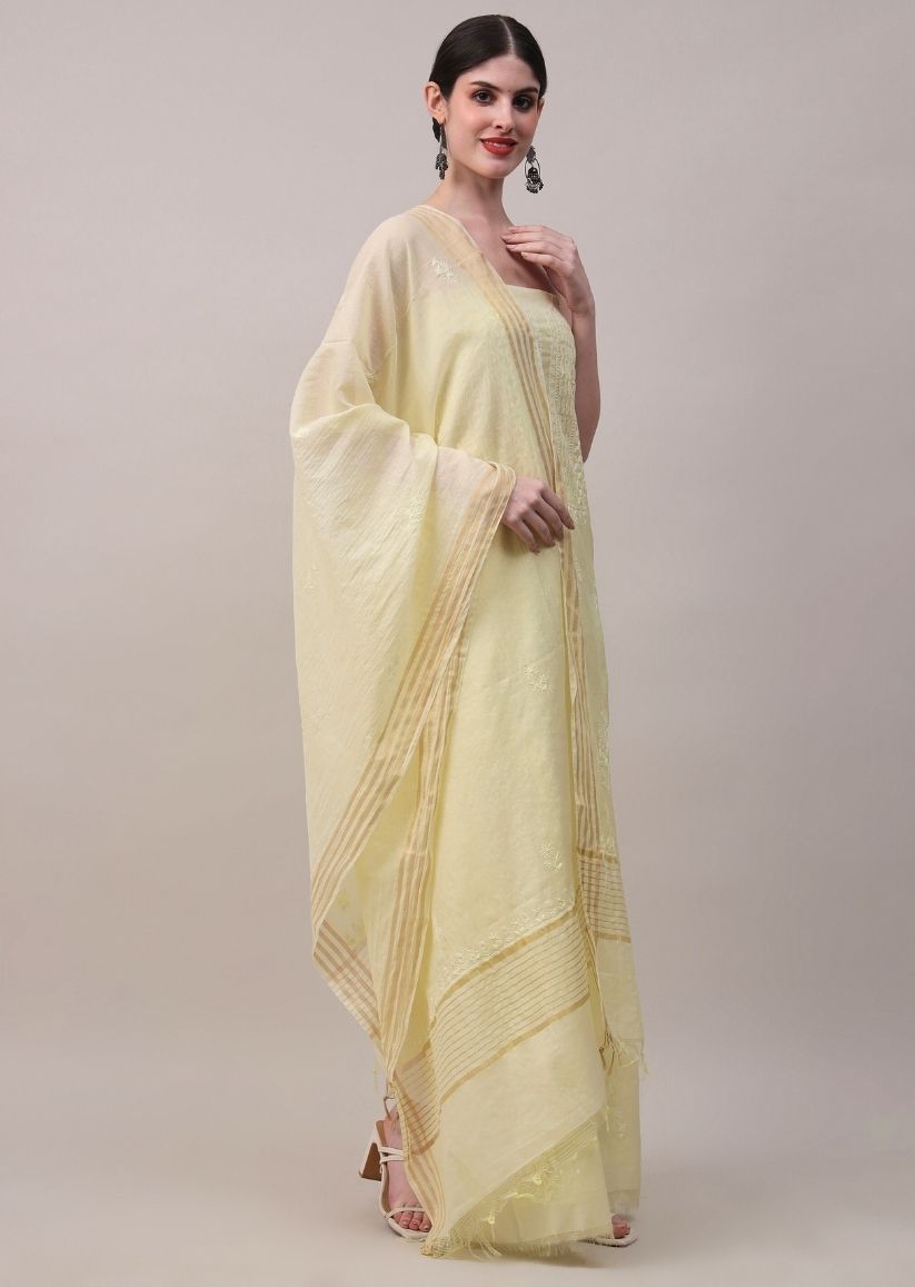 Firgun Lemon Lucknowi Chikankari Mul Chanderi Unstitched Kurta & Dupatta Set