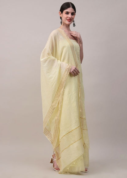 Firgun Lemon Lucknowi Chikankari Mul Chanderi Unstitched Kurta & Dupatta Set