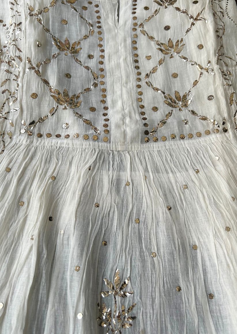 Firgun White Lucknowi Chikankari Mul Chanderi Semi-stitched Anarkali & Dupatta Set