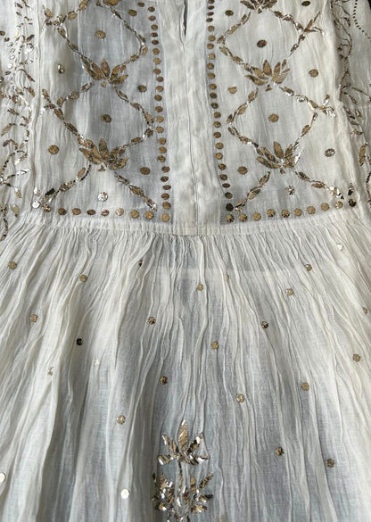 Firgun White Lucknowi Chikankari Mul Chanderi Semi-stitched Anarkali & Dupatta Set