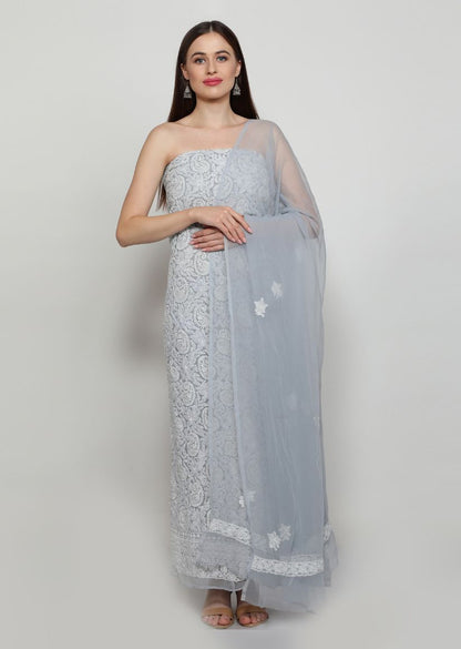 Firgun Hand Embroidered Grey Lucknowi Chikankari Georgette Unstitched Suit Set