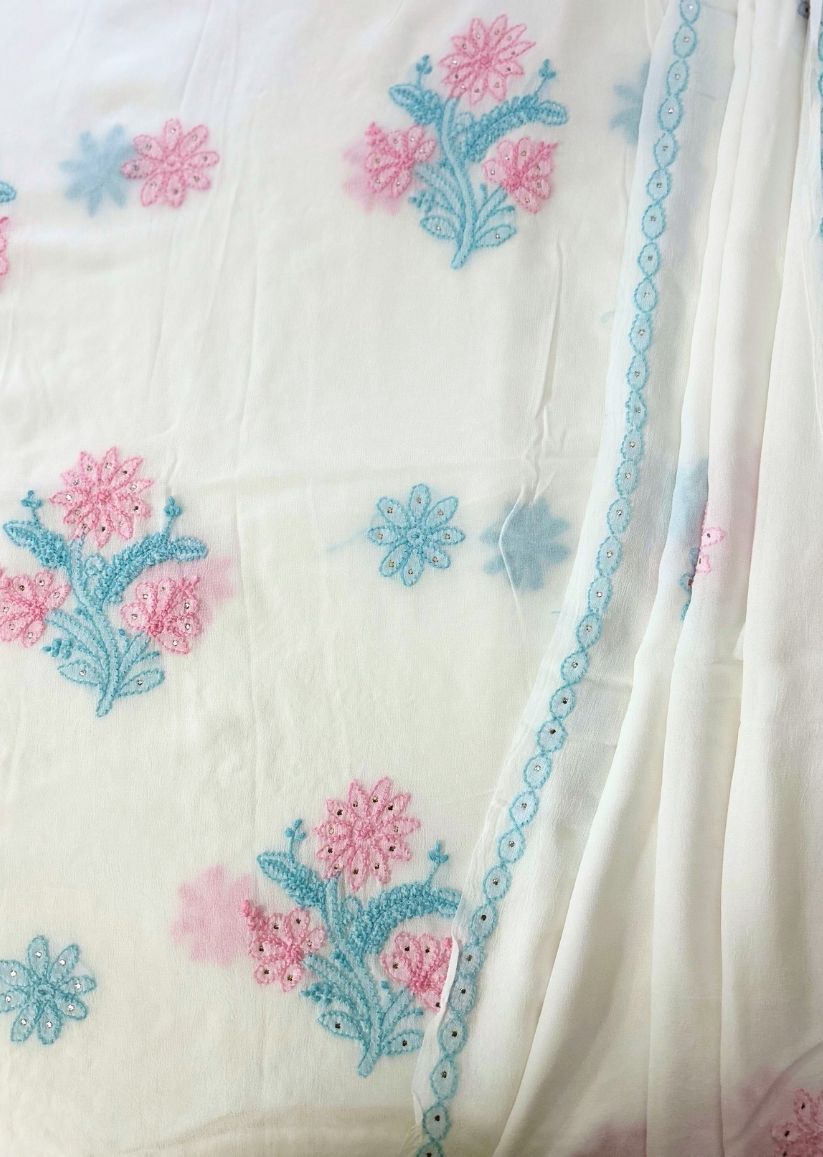 Firgun White Multi Colour Lucknowi Chikankari & Mukaish Work Viscose Georgette Unstitched Kurta & Dupatta Set