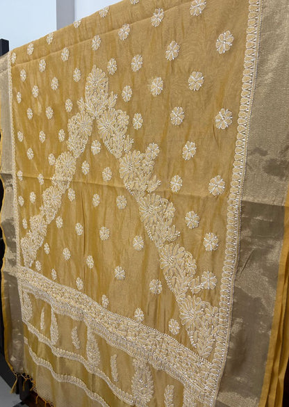Firgun Beige Lucknowi Chikankari Chanderi Saree with Unstitched Blouse Piece
