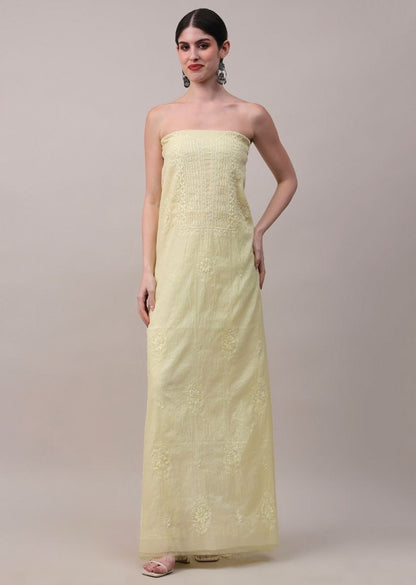 Firgun Lemon Lucknowi Chikankari Mul Chanderi Unstitched Kurta & Dupatta Set