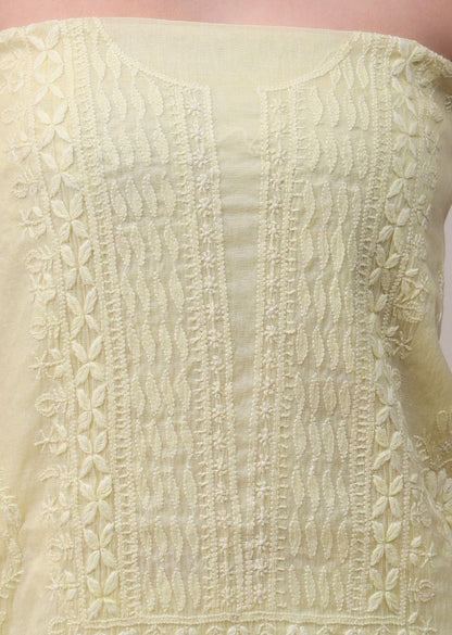 Firgun Lemon Lucknowi Chikankari Mul Chanderi Unstitched Kurta & Dupatta Set