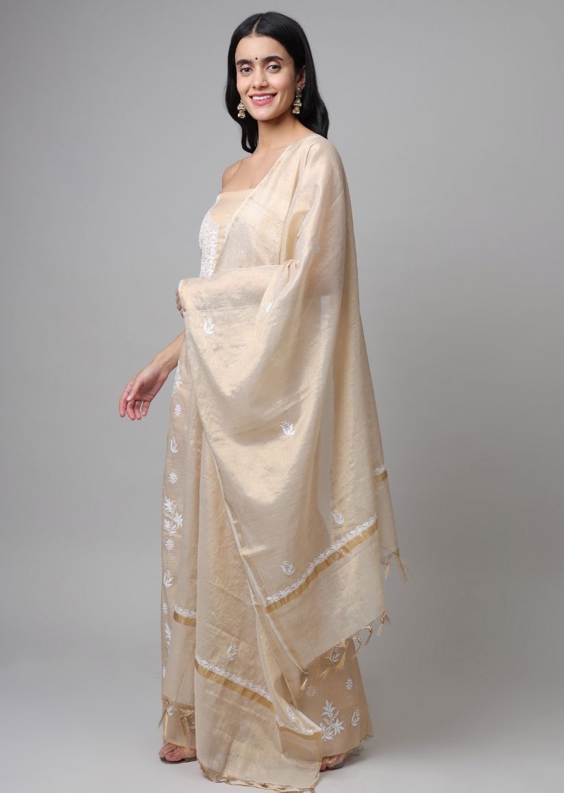 Firgun Lucknowi Chikankari Pearl Work Banarasi Tissue Unstitched Kurta & Dupatta Set