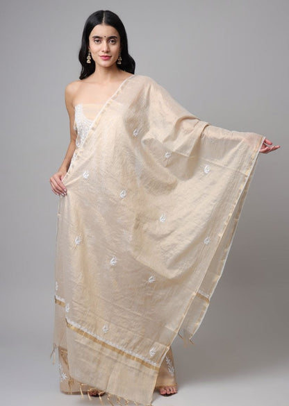 Firgun Lucknowi Chikankari Pearl Work Banarasi Tissue Unstitched Kurta & Dupatta Set