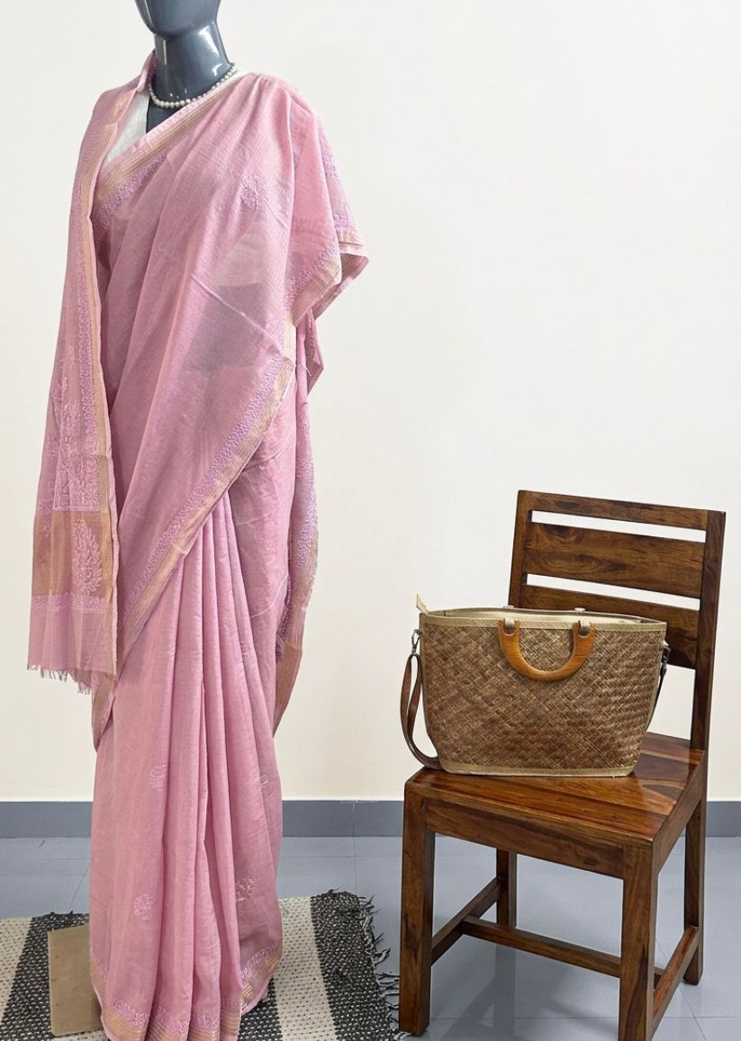 Firgun Onion Pink Lucknowi Chikankari Mul Cotton Saree with Unstitched Blouse Piece