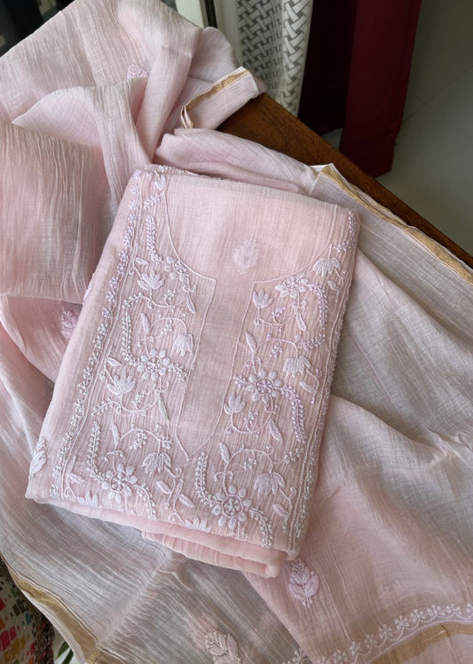 Firgun Baby Pink Lucknowi Chikankari Mul Chanderi Unstitched Kurta & Dupatta Set