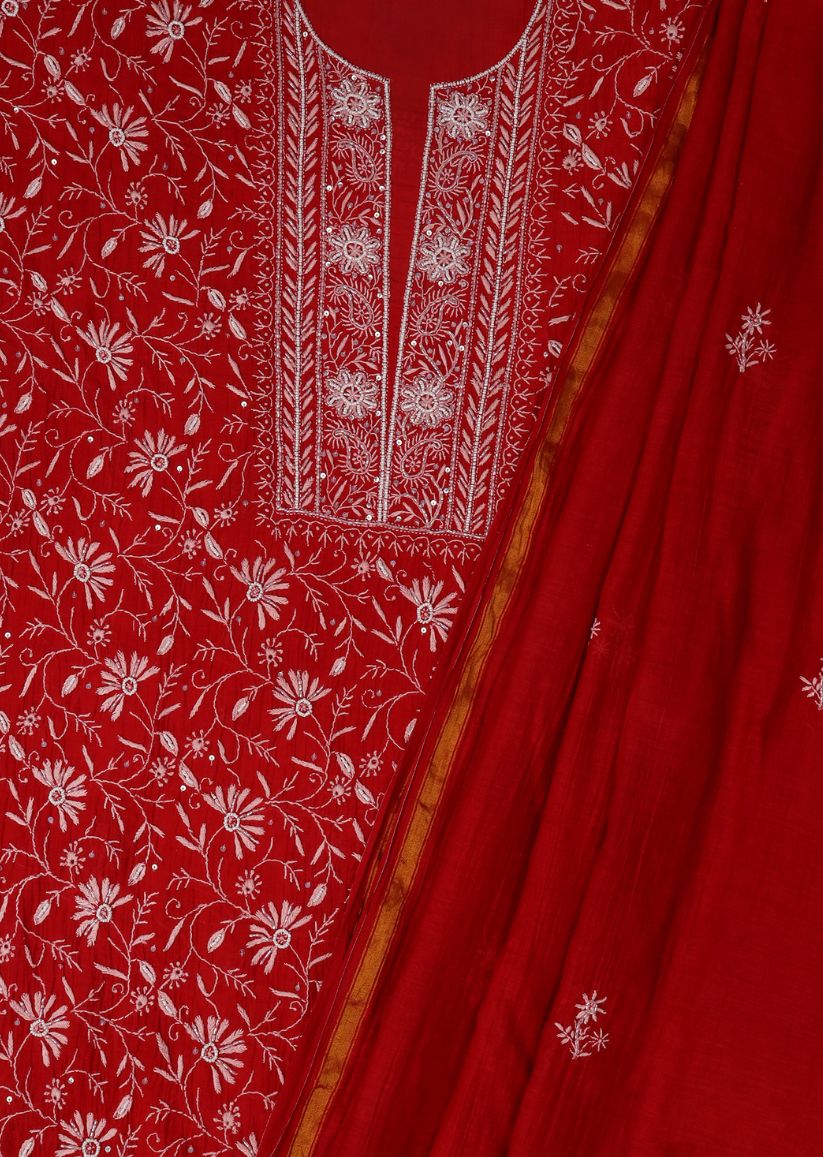 Firgun Red Lucknowi Chikankari Mul Chanderi Unstitched Kurta & Dupatta Set