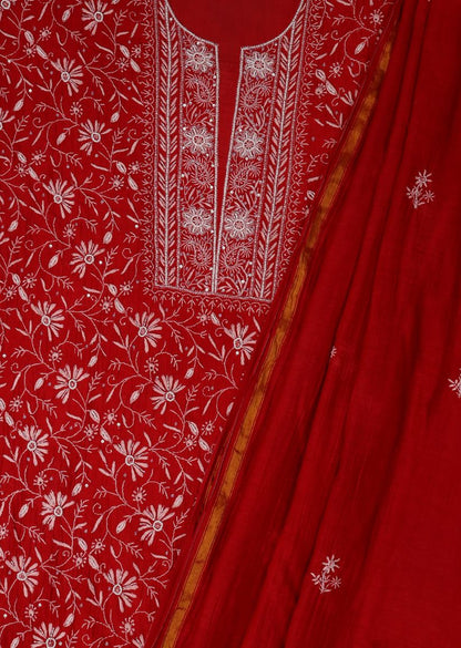 Firgun Red Lucknowi Chikankari Mul Chanderi Unstitched Kurta & Dupatta Set