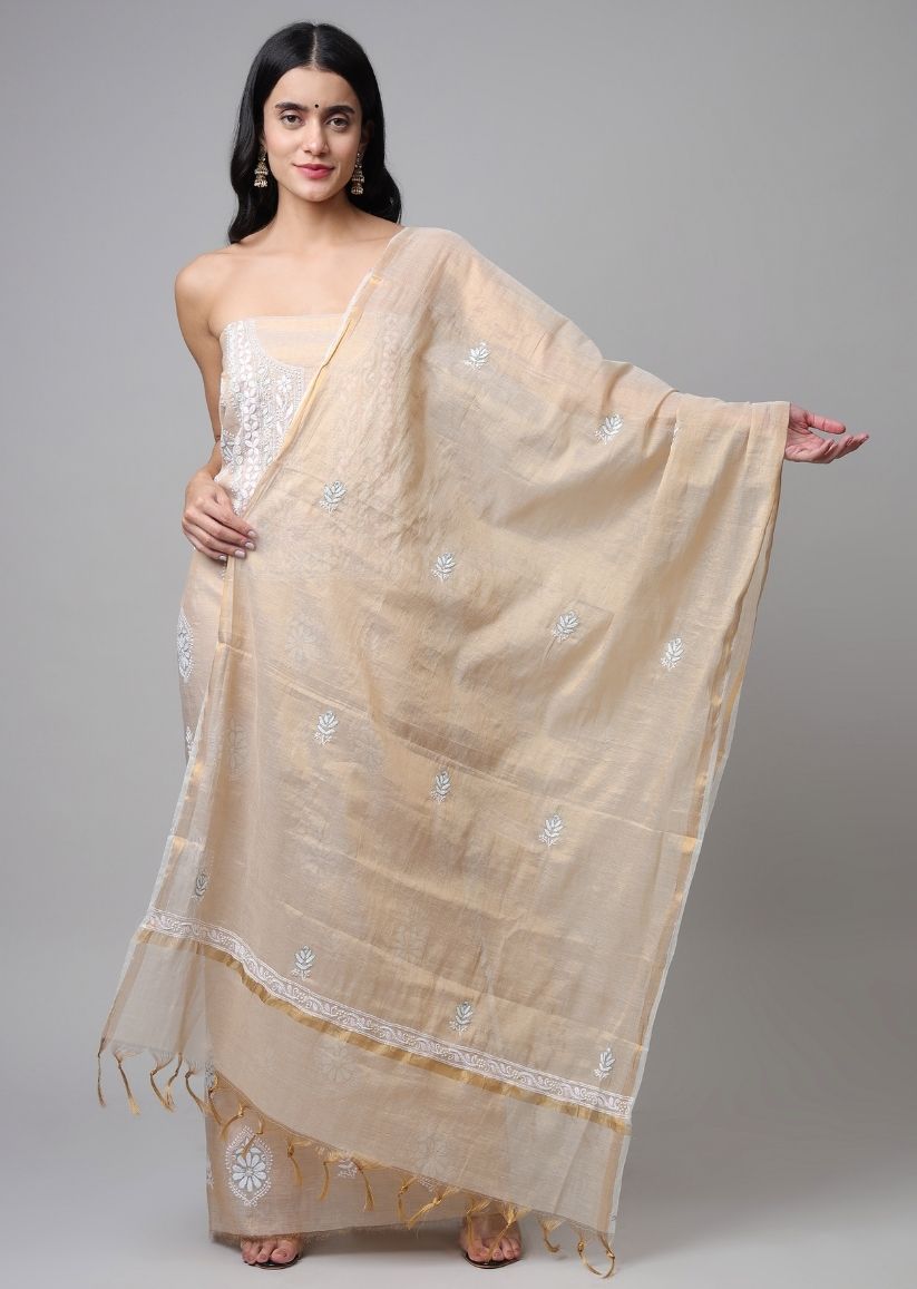 Firgun Swarna Lucknowi Chikankari Pearl Work Banarasi Tissue Unstitched Kurta & Dupatta Set
