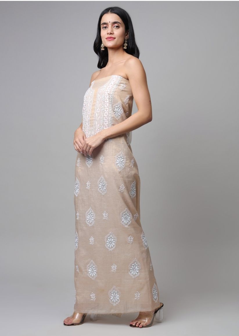 Firgun Swarna Lucknowi Chikankari Pearl Work Banarasi Tissue Unstitched Kurta & Dupatta Set