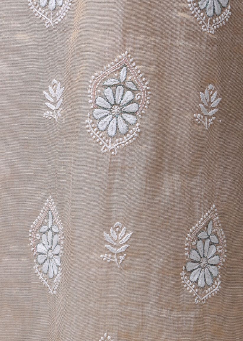 Firgun Swarna Lucknowi Chikankari Pearl Work Banarasi Tissue Unstitched Kurta & Dupatta Set