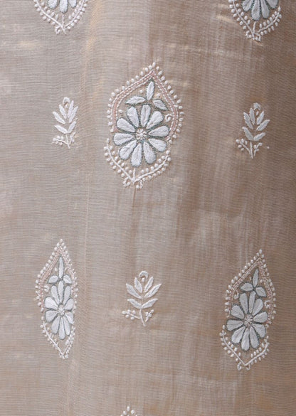 Firgun Swarna Lucknowi Chikankari Pearl Work Banarasi Tissue Unstitched Kurta & Dupatta Set