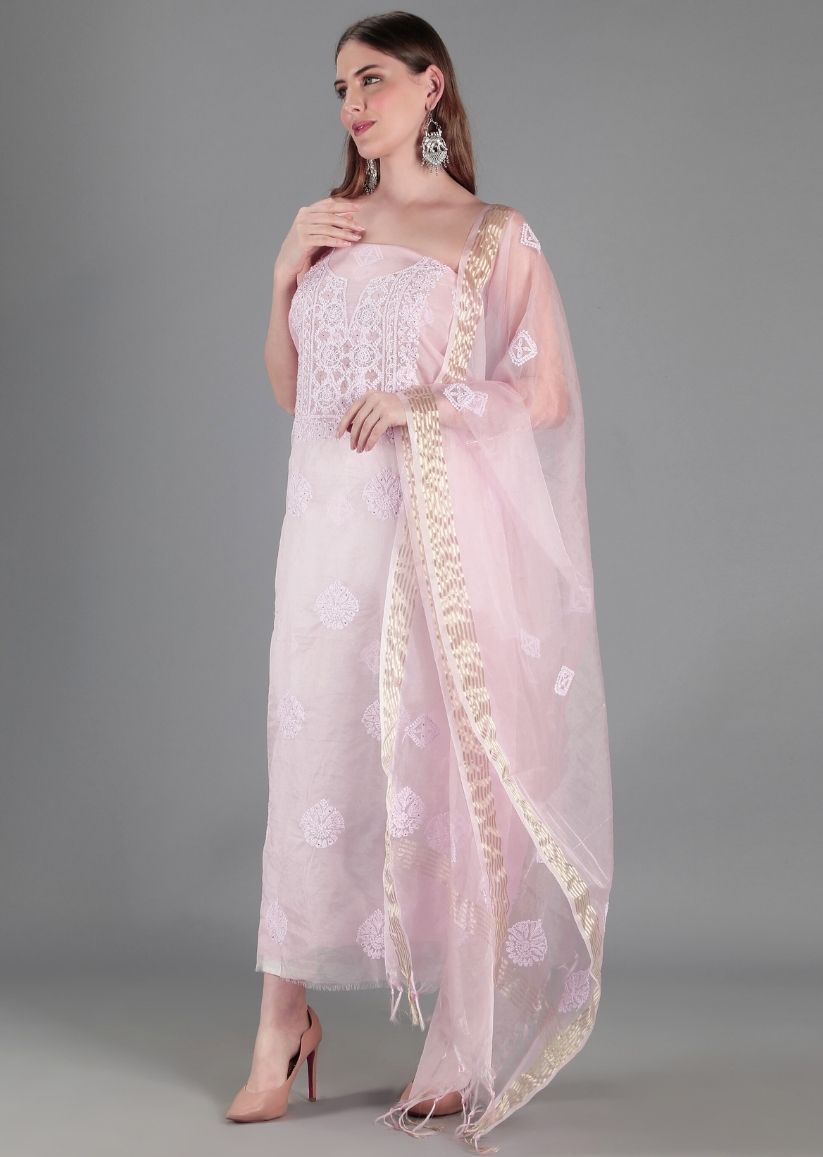 Firgun Baby Pink Lucknowi Chikankari Organza Unstitched Kurta & Dupatta Set