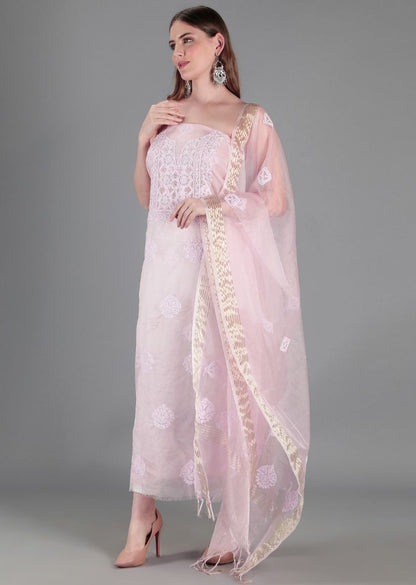 Firgun Baby Pink Lucknowi Chikankari Organza Unstitched Kurta & Dupatta Set