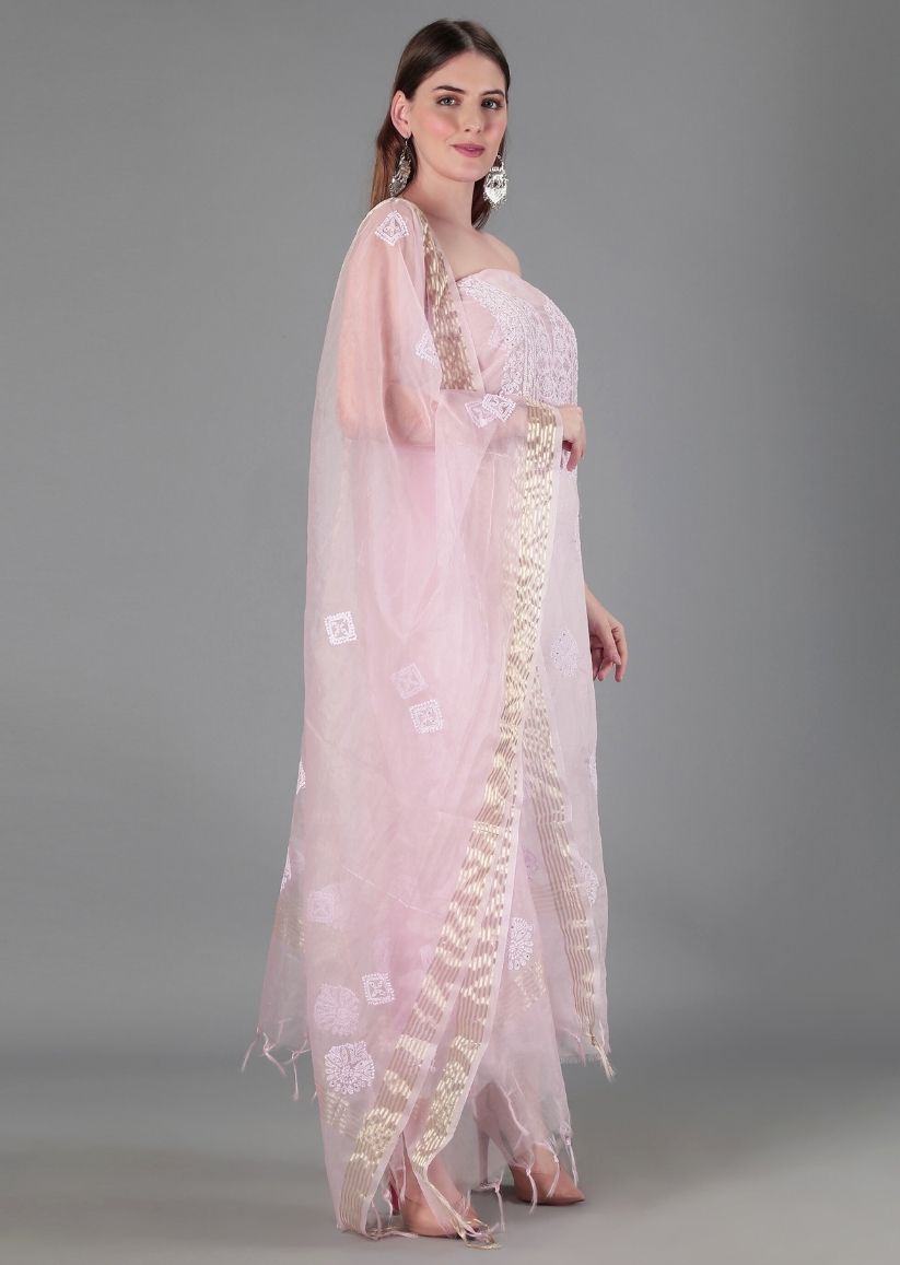Firgun Baby Pink Lucknowi Chikankari Organza Unstitched Kurta & Dupatta Set