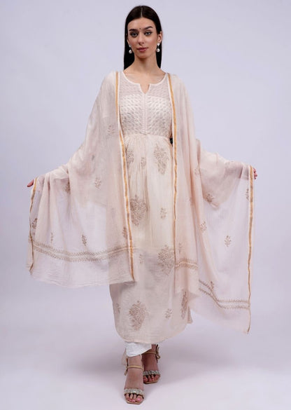 Firgun Beige Lucknowi Chikankari Viscose Mul Chanderi Semi-stitched Anarkali & Dupatta Set